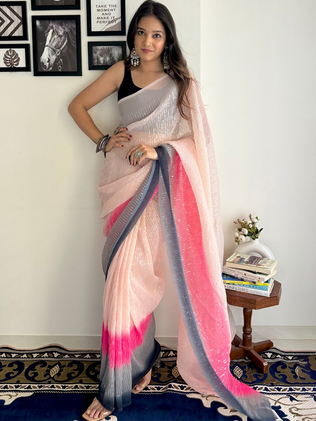 

LeeliPeeri Designer Crushed Sequinned Embellished Saree, Pink