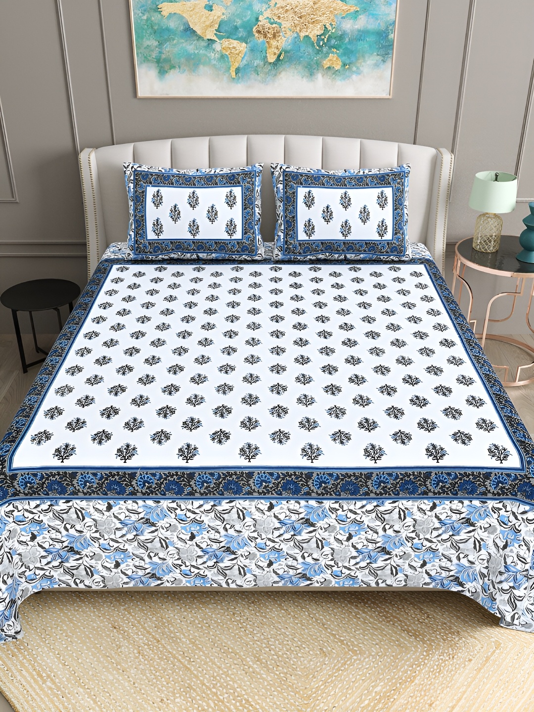 

BELLA CASA Ethnic White & Blue Ethnic Motifs Cotton 180 TC King Bedsheet &2 Pillow Covers