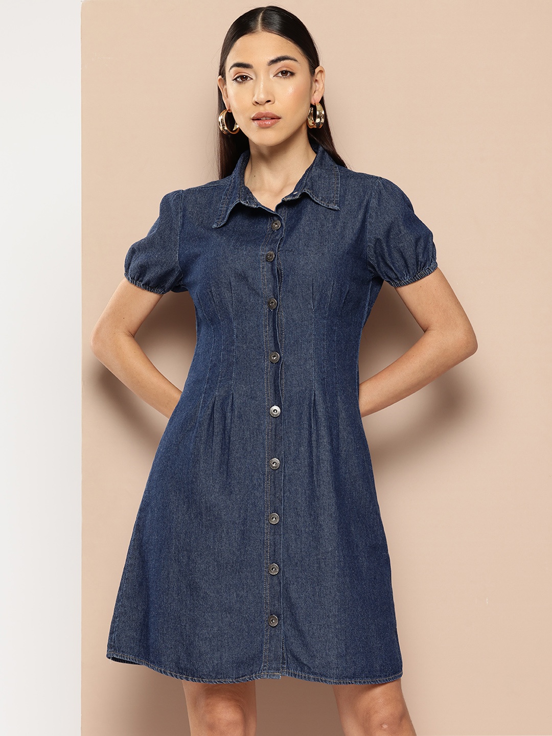 

Chemistry Pure Cotton Chambray A-Line Mini Dress, Navy blue