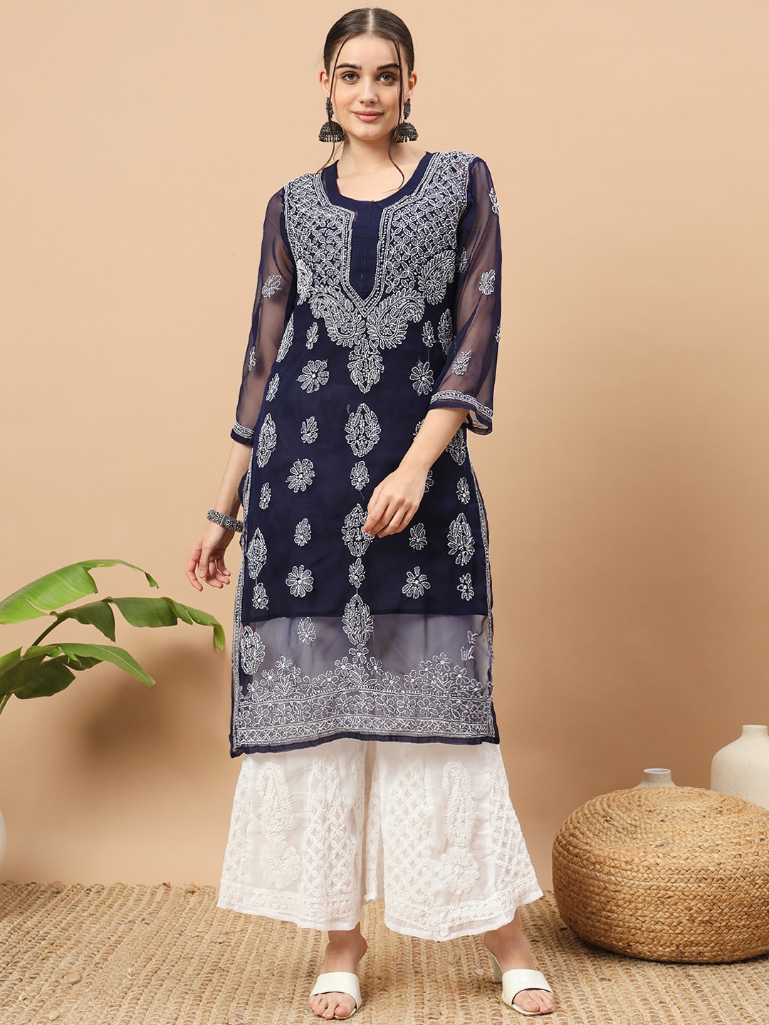 

Ethnava Ethnic Motifs Embroidered Chikankari Georgette Straight Kurta, Navy blue