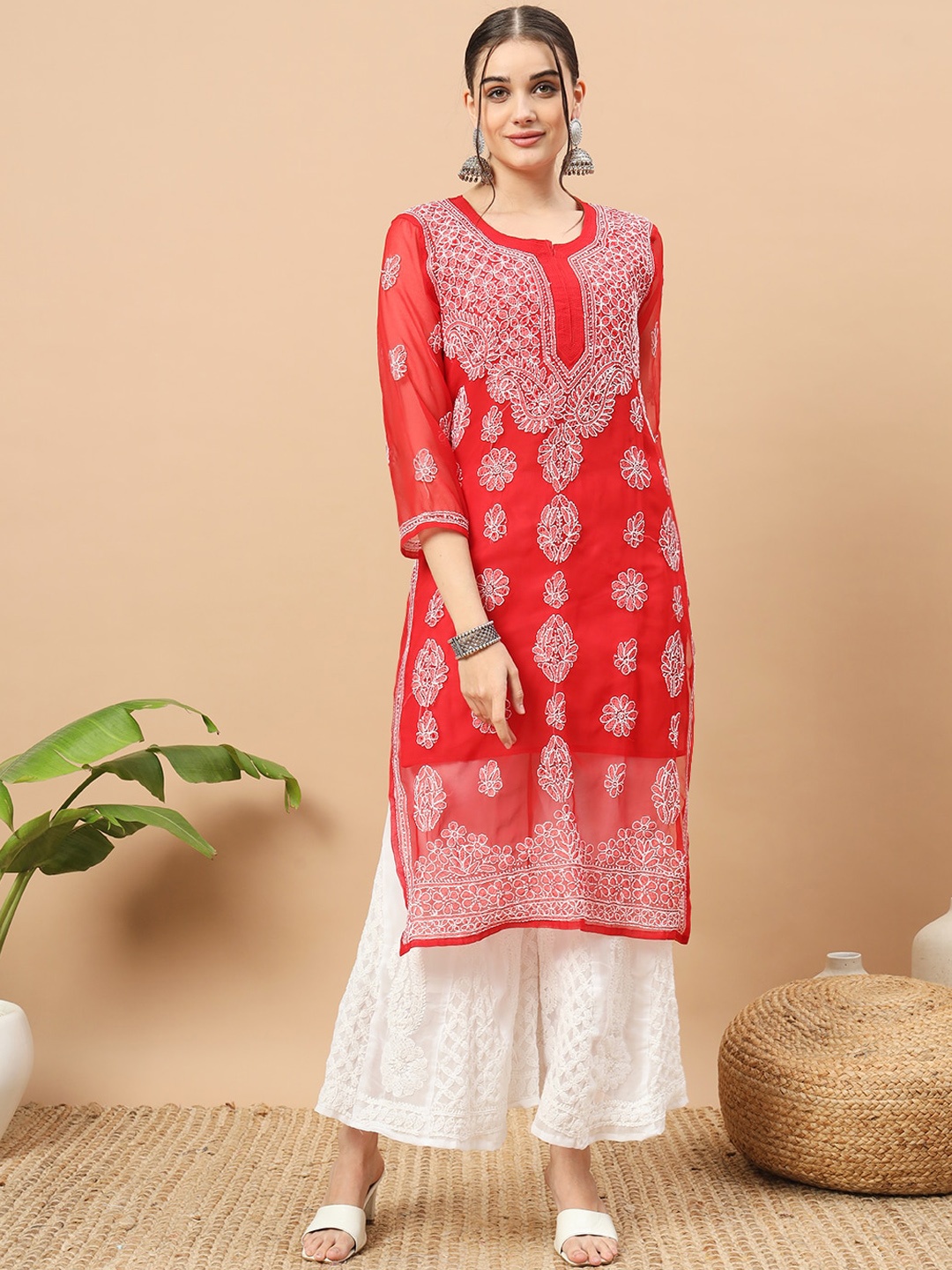 

Ethnava Ethnic Motifs Embroidered Chikankari Georgette Straight Kurta, Red