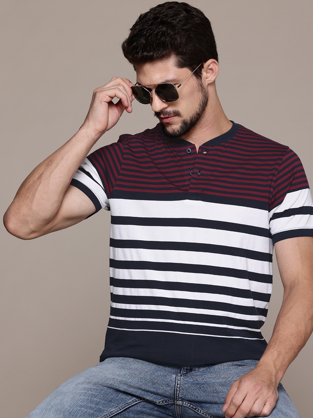 

The Roadster Life Co. Striped Henley Neck T-shirt, Navy blue