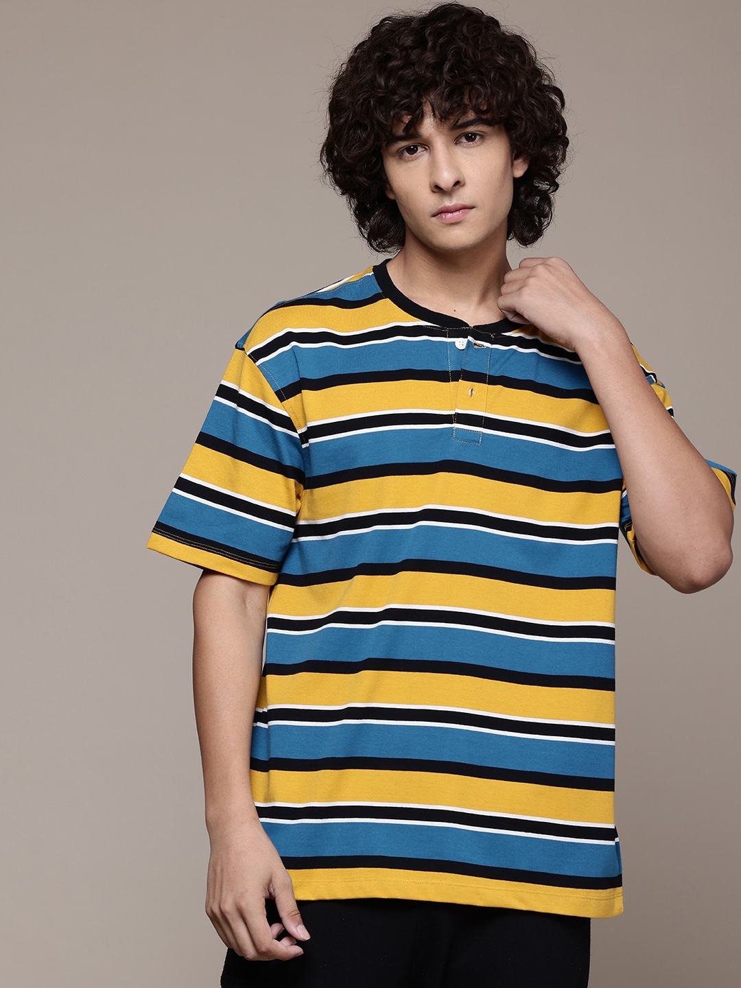 

The Roadster Lifestyle Co. Striped Henley Neck Drop-Shoulder Sleeves T-shirt, Teal