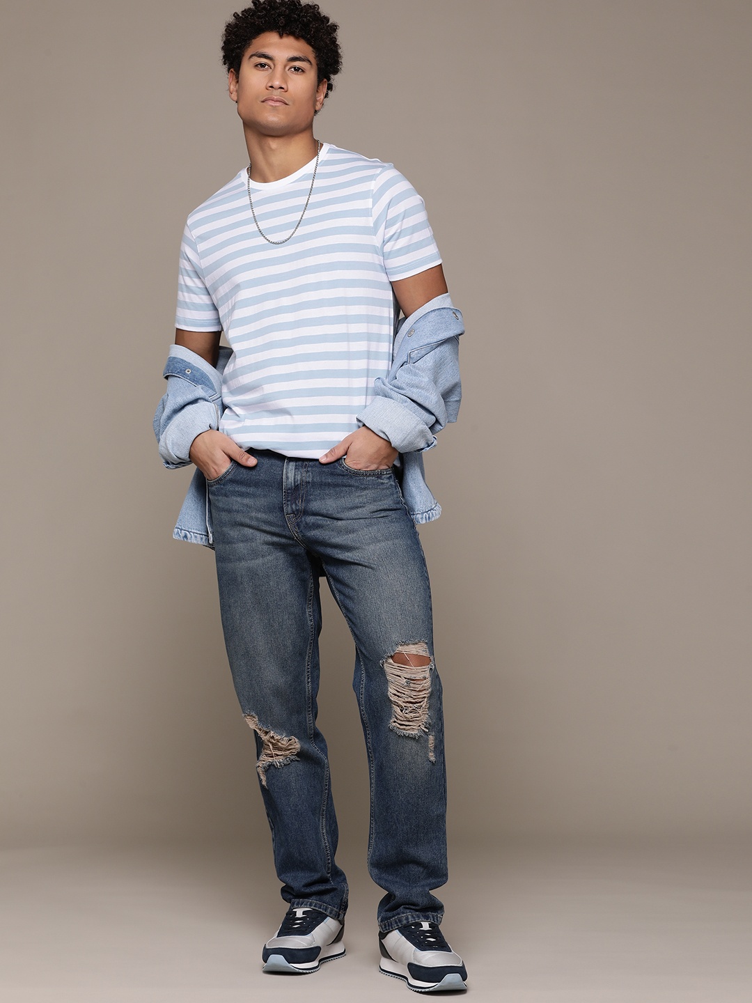 

The Roadster Lifestyle Co. Pure Cotton Striped Round Neck T-shirt, Blue