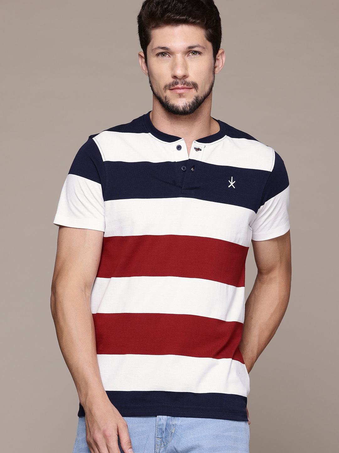 

The Roadster Life Co. Striped Henley Neck T-shirt, Navy blue