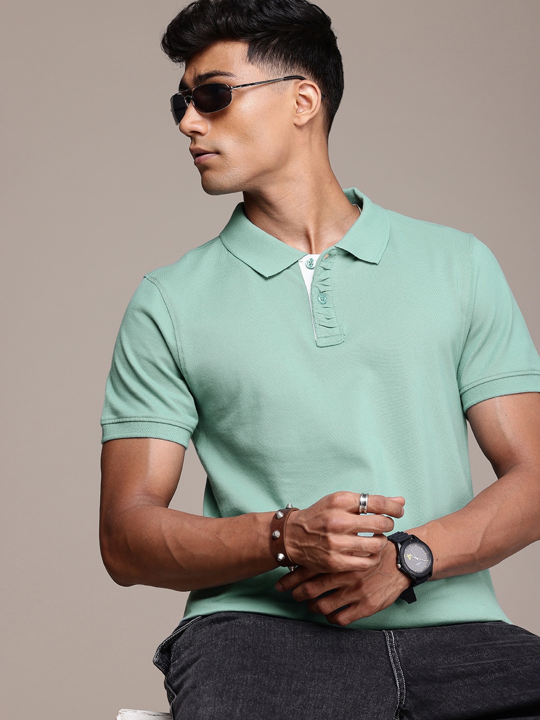 

The Roadster Life Co. Polo Collar Pure Cotton T-shirt, Green