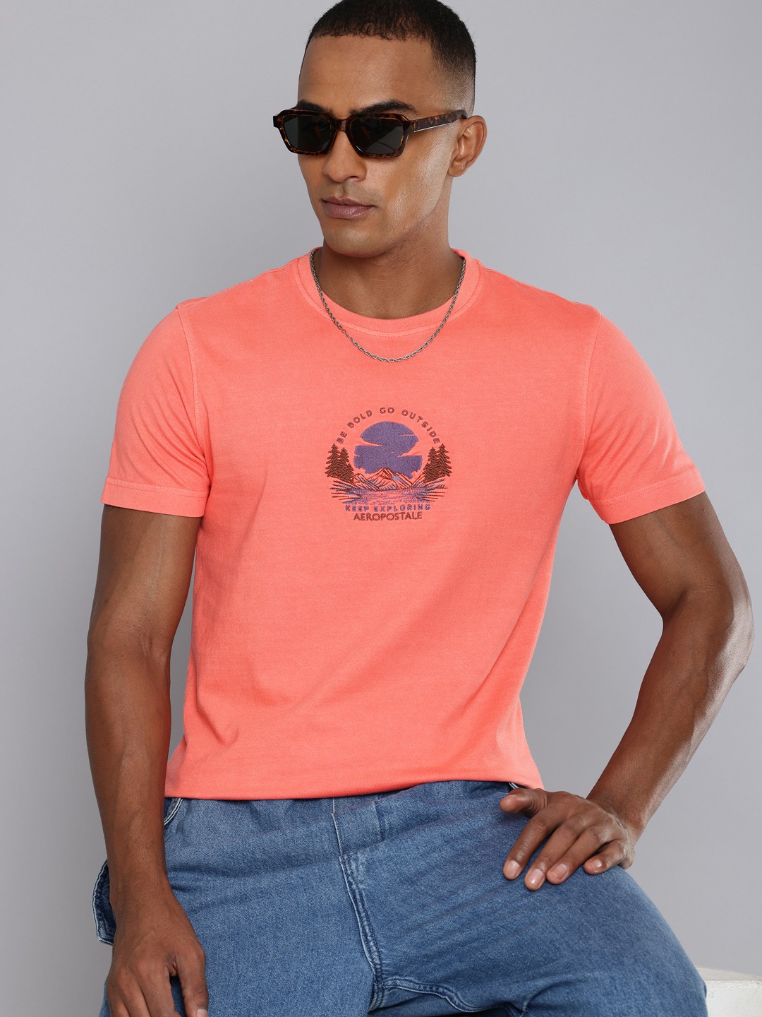

Aeropostale Embroidered Pure Cotton T-shirt, Coral
