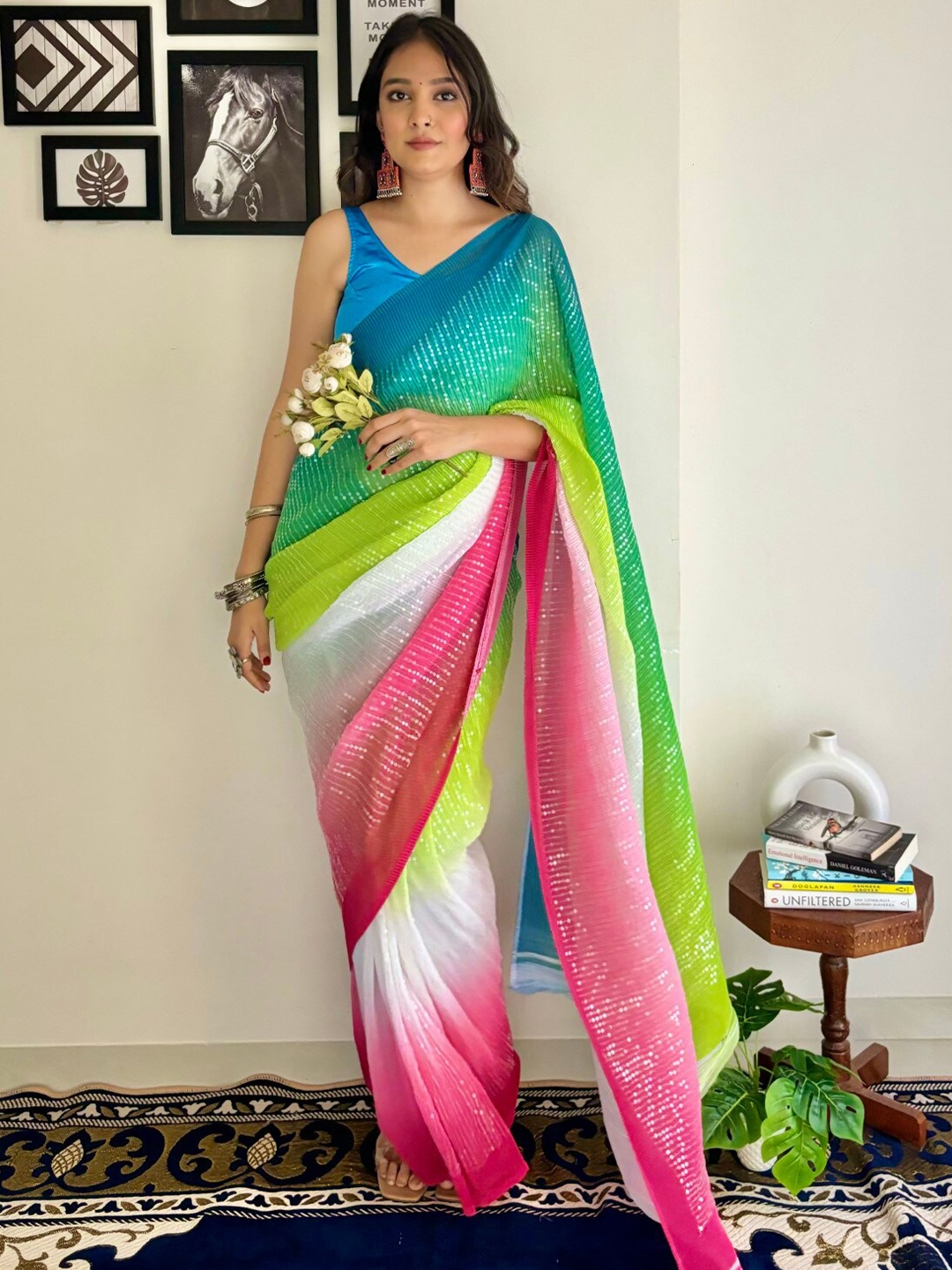 LeeliPeeri Designer Crushed Sequinned Embellished Saree, Green