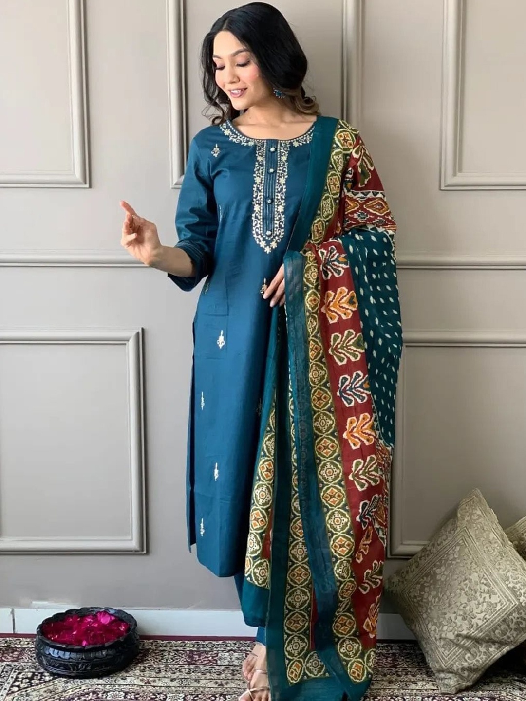 

KALINI Floral Embroidered Thread Work Straight Kurta With Trousers & Dupatta, Blue