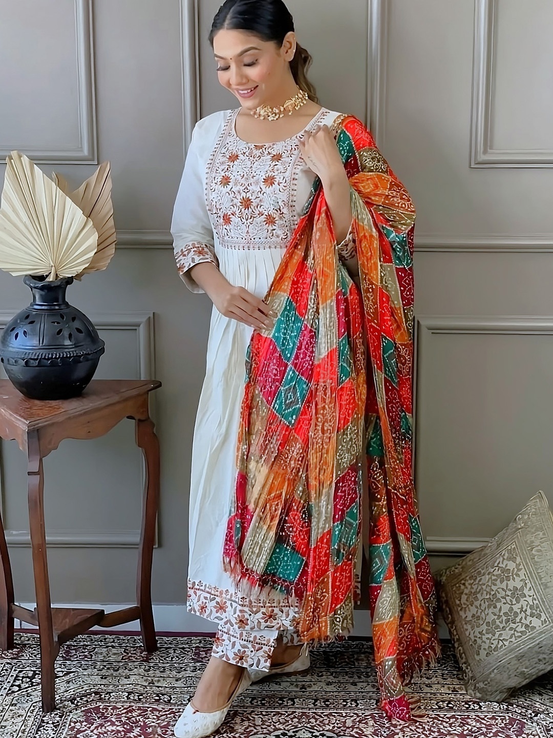 

KALINI Floral Yoke Design Thread Work Straight Kurta With Trousers & Dupatta, White