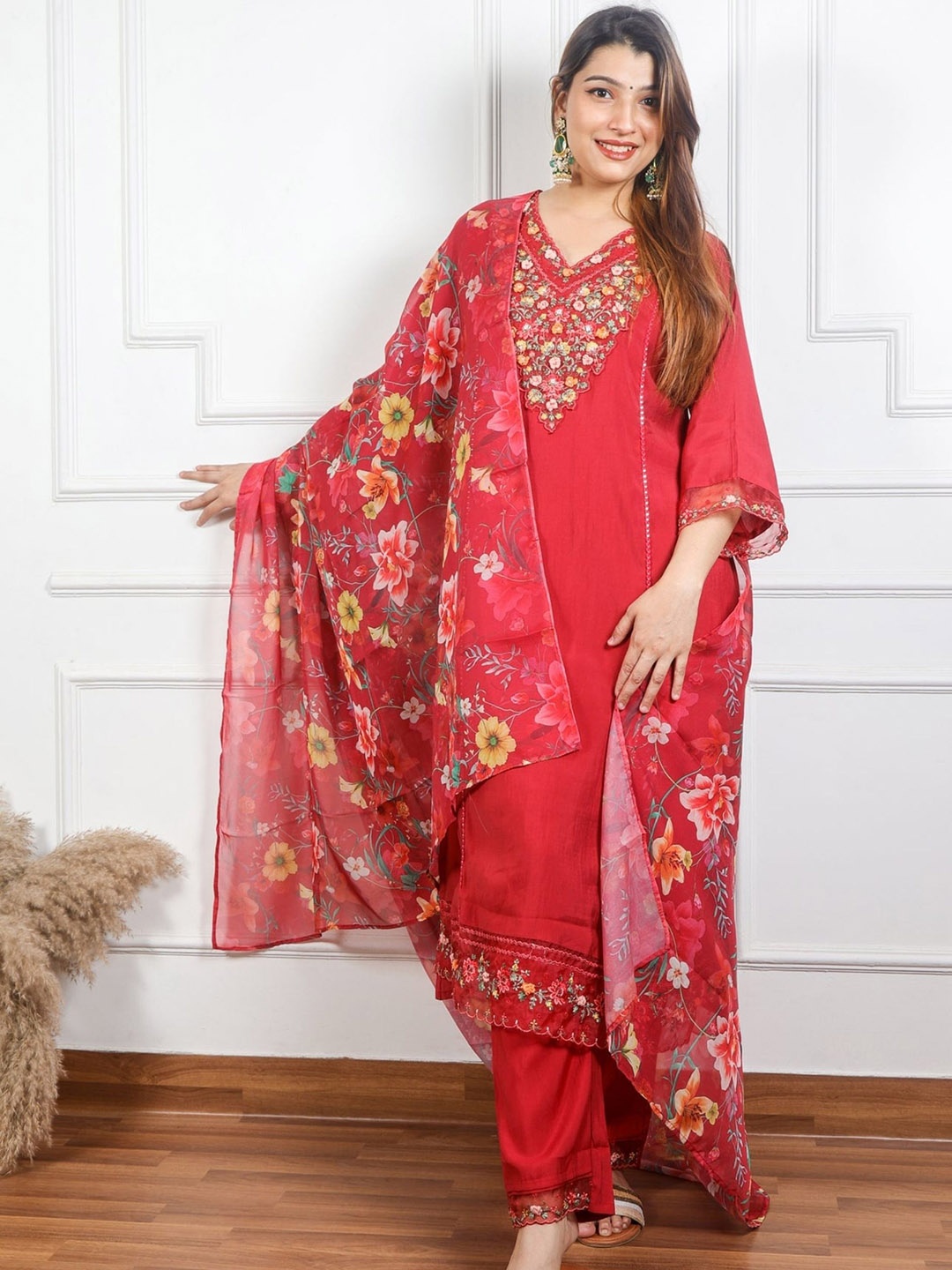 

KALINI Floral Embroidered Straight Kurta with Trousers & Dupatta, Red