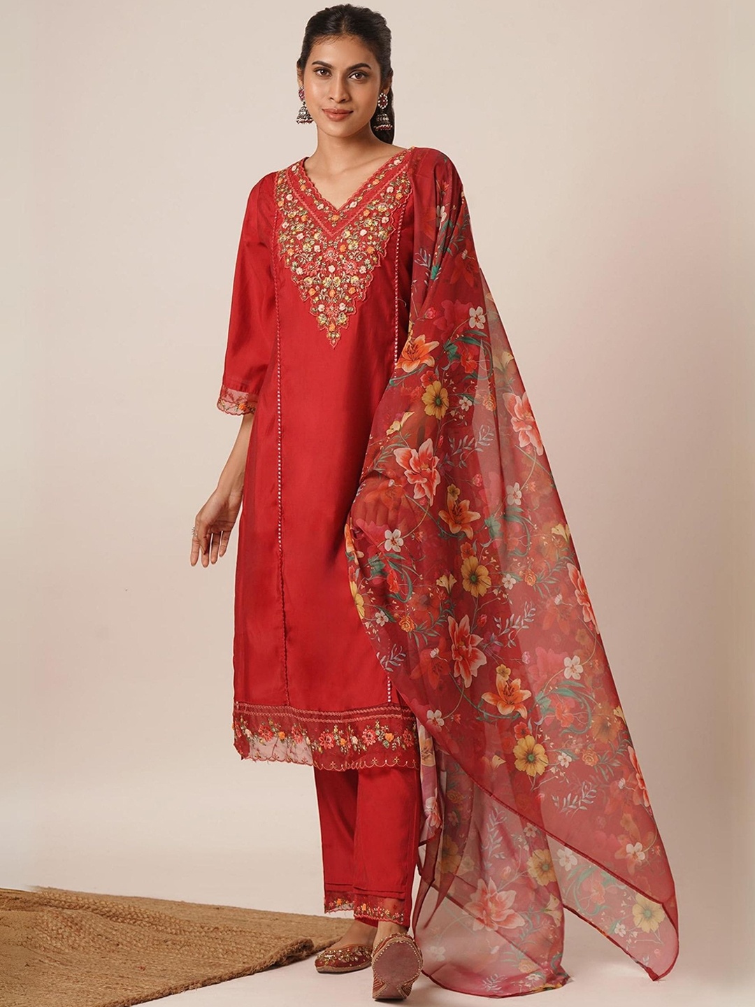 

KALINI Floral Yoke Design Thread Work Kurta & Trousers With Dupatta, Red