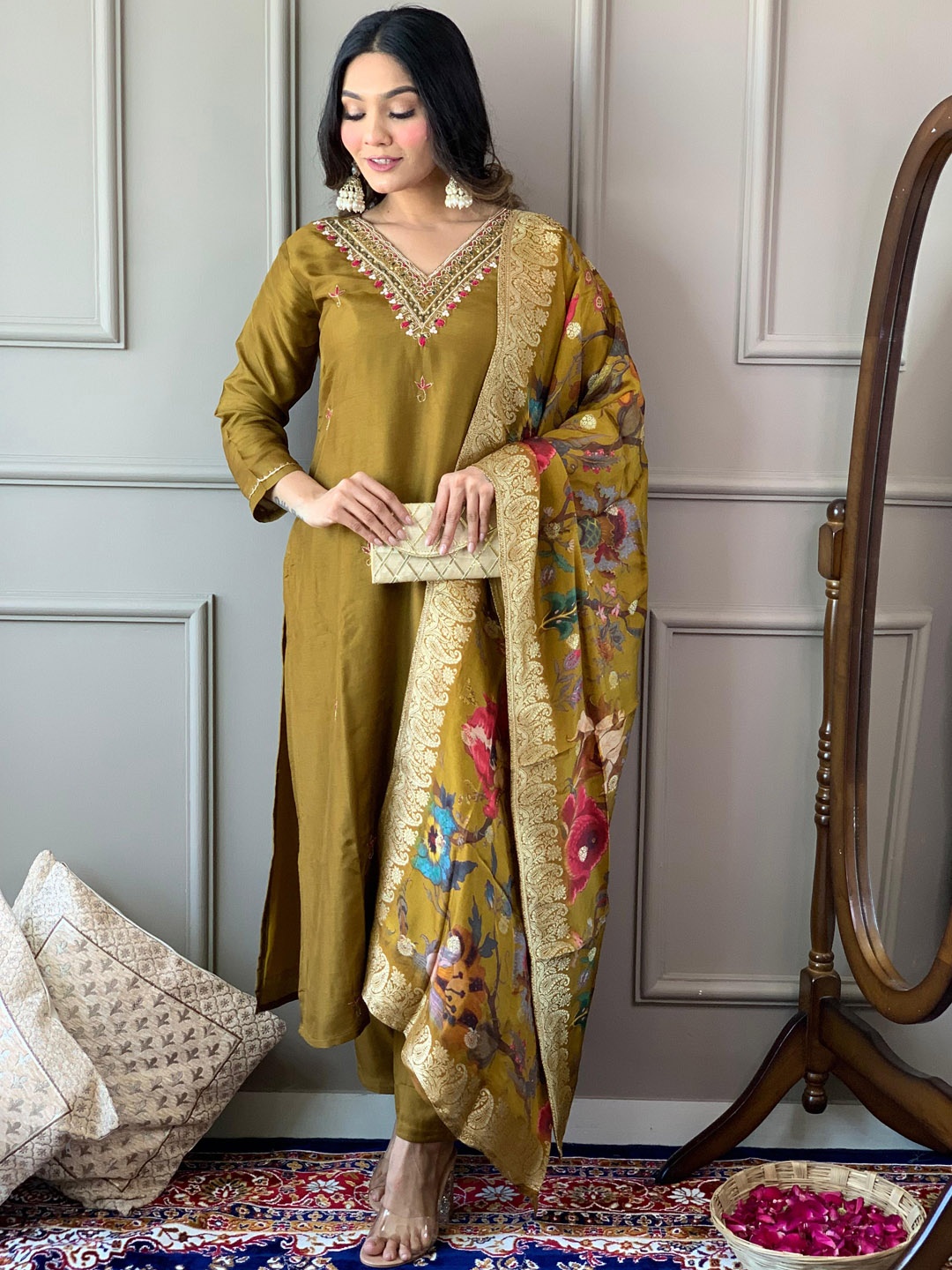 

KALINI Floral Yoke Design Straight Kurta & Trousers With Dupatta, Olive