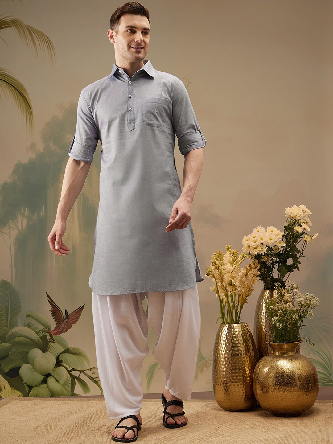 

Molly & Michel Shirt Collar Roll-Up Sleeves Pathani Kurta, Blue