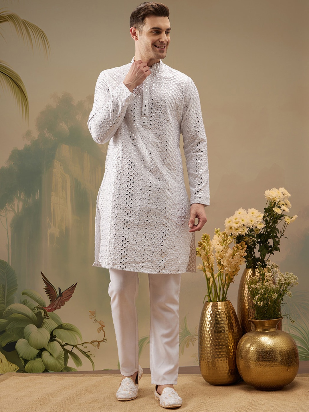 

Molly & Michel Ethnic Motif Embroidered Sequins Straight Kurta, White