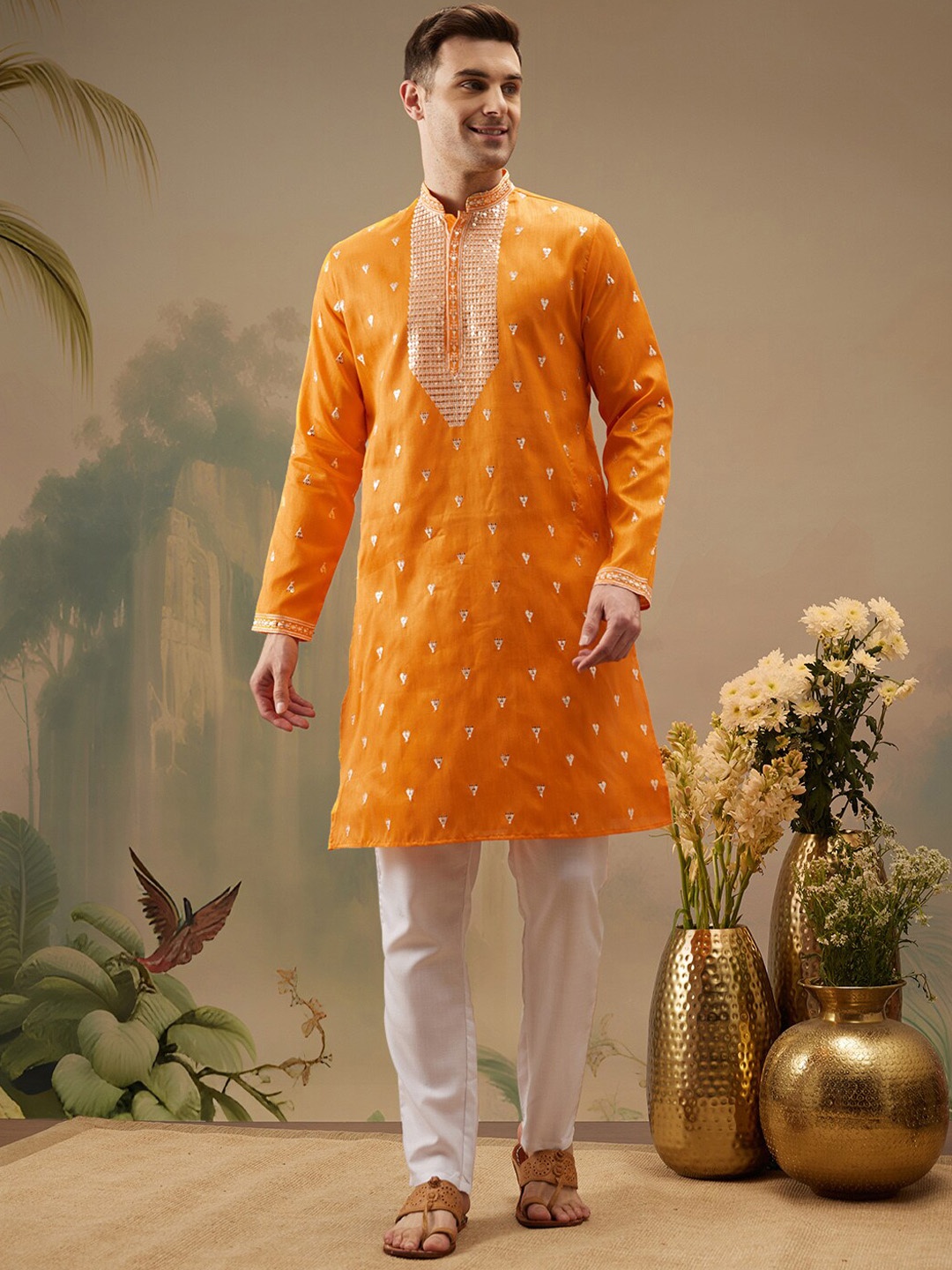 

Molly & Michel Ethnic Motifs Embroidered Mirror Work Straight Kurta, Orange