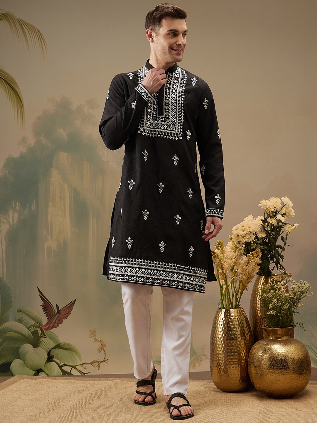 

Molly & Michel Ethnic Motif Embroidered Mirror Work Straight Kurta, Black