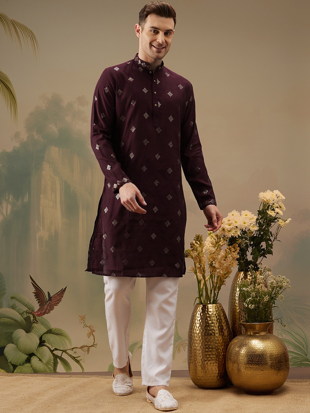 

Molly & Michel Men Ethnic Motifs Printed Flared Sleeves Thread Work Kurta, Maroon