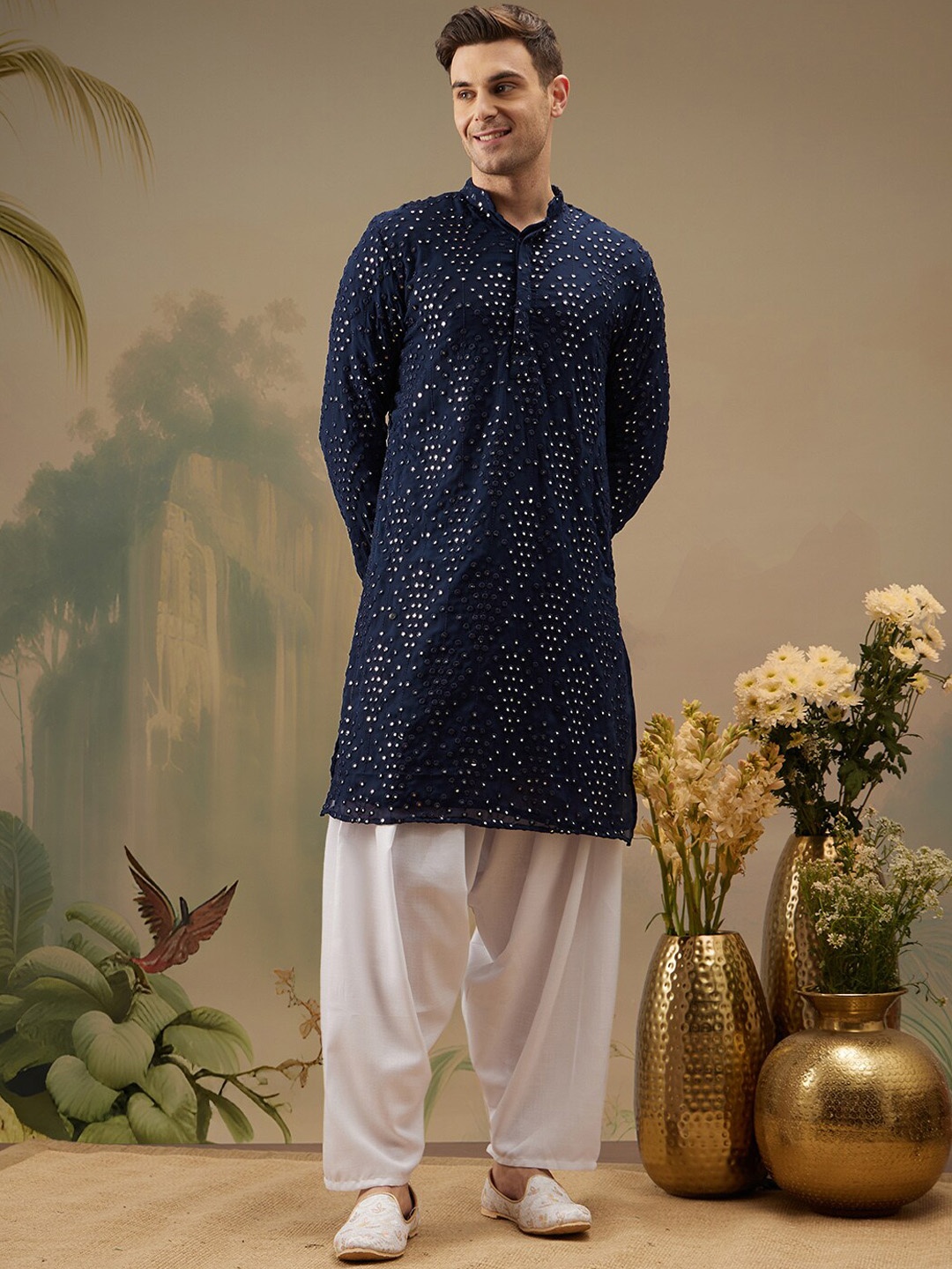 

Molly & Michel Ethnic Motif Embroidered Sequins Straight Kurta, Navy blue