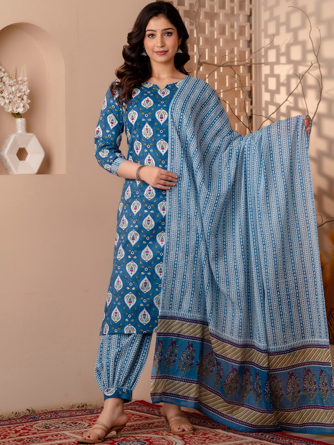 

KALINI Floral Printed Straight Pure Cotton Kurta with Trousers & Dupatta, Blue