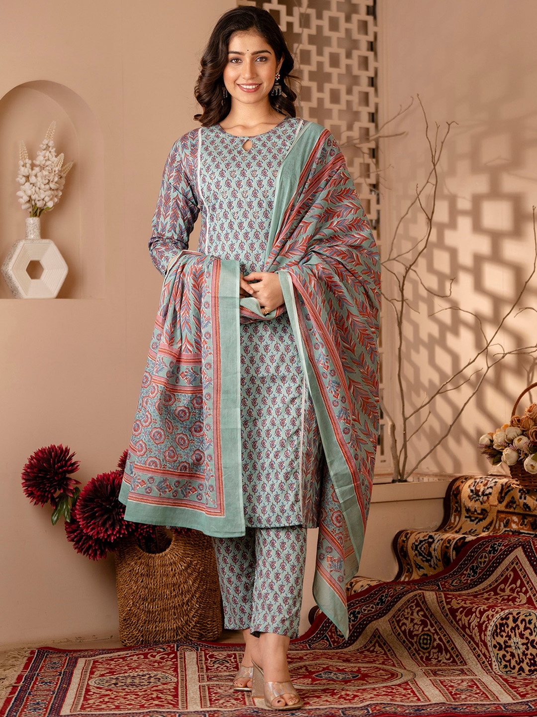 

KALINI Floral Printed Regular Pure Cotton Kurta With Trousers & Dupatta, Blue