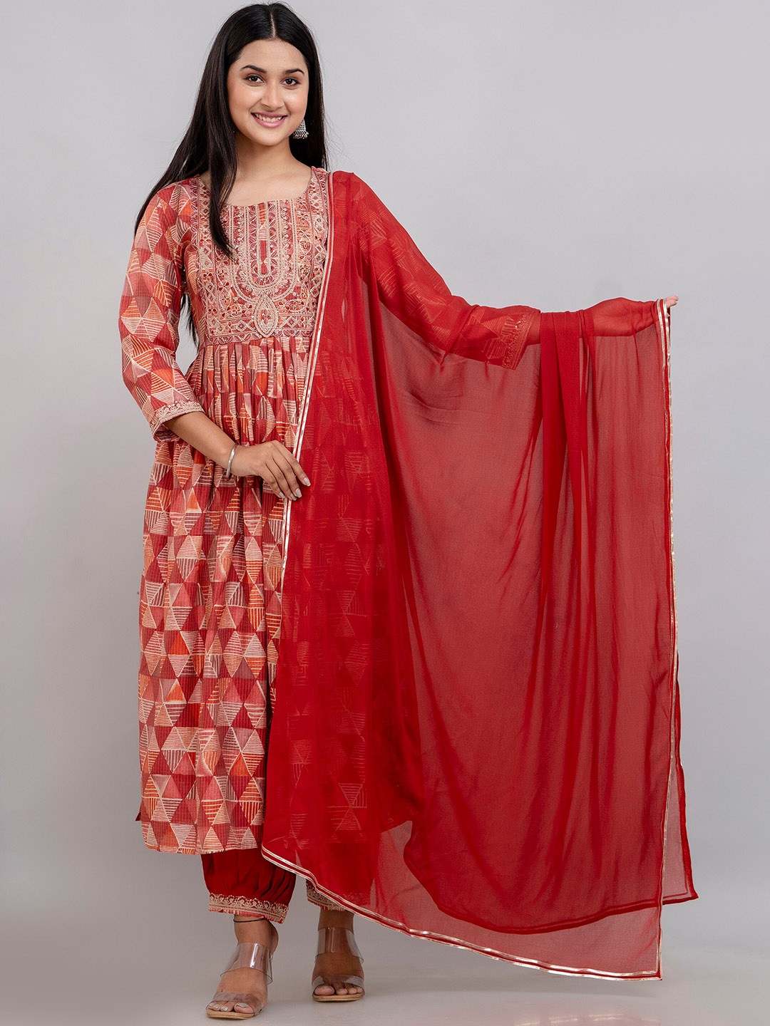 

KALINI Printed Empire Sequinned Kurta with Trousers & Dupatta, Peach