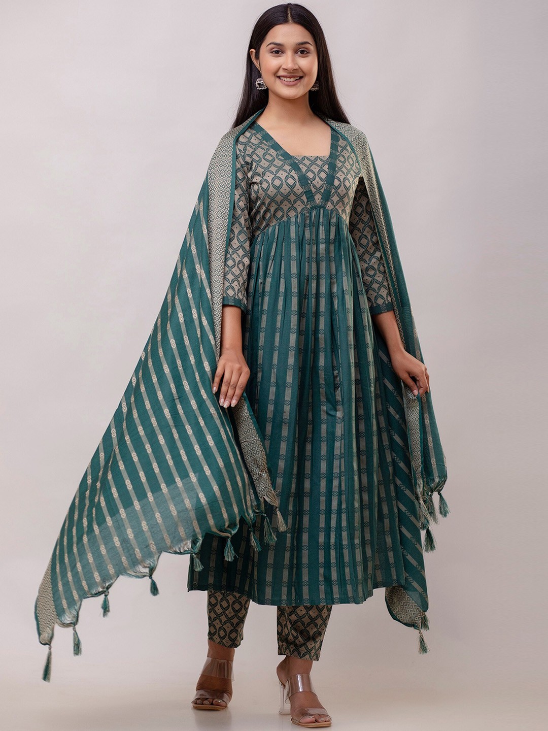 

KALINI Printed Empire Kurta With Trousers & Dupatta, Green