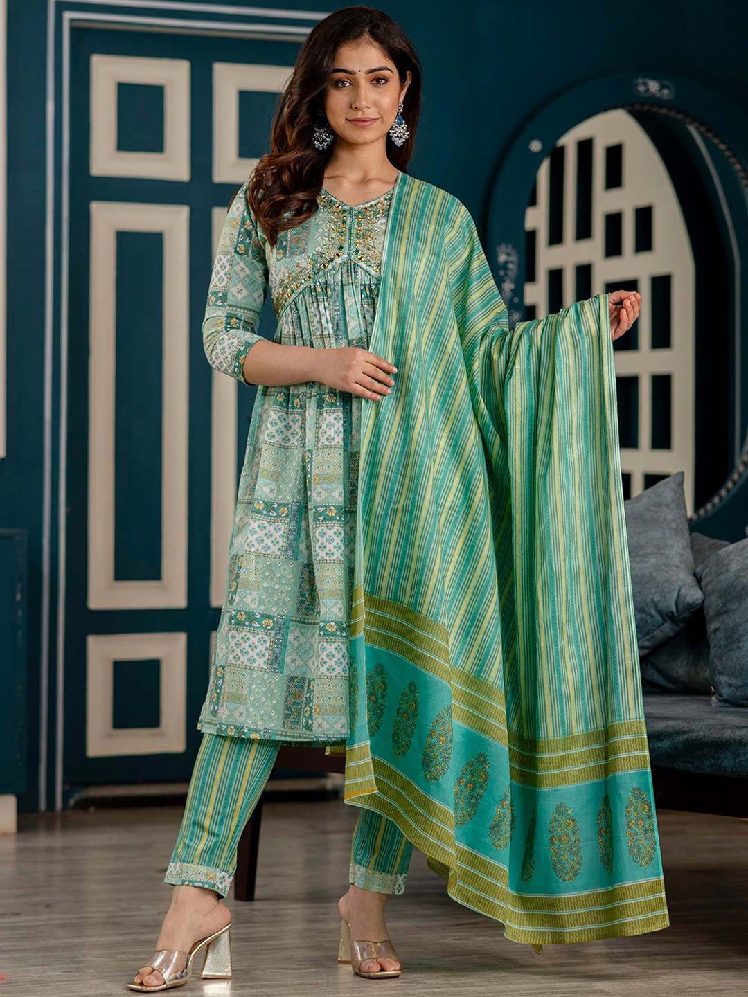 

KALINI Floral Printed Mirror Work Pure Cotton Empire Straight Kurta & Trousers & Dupatta, Green