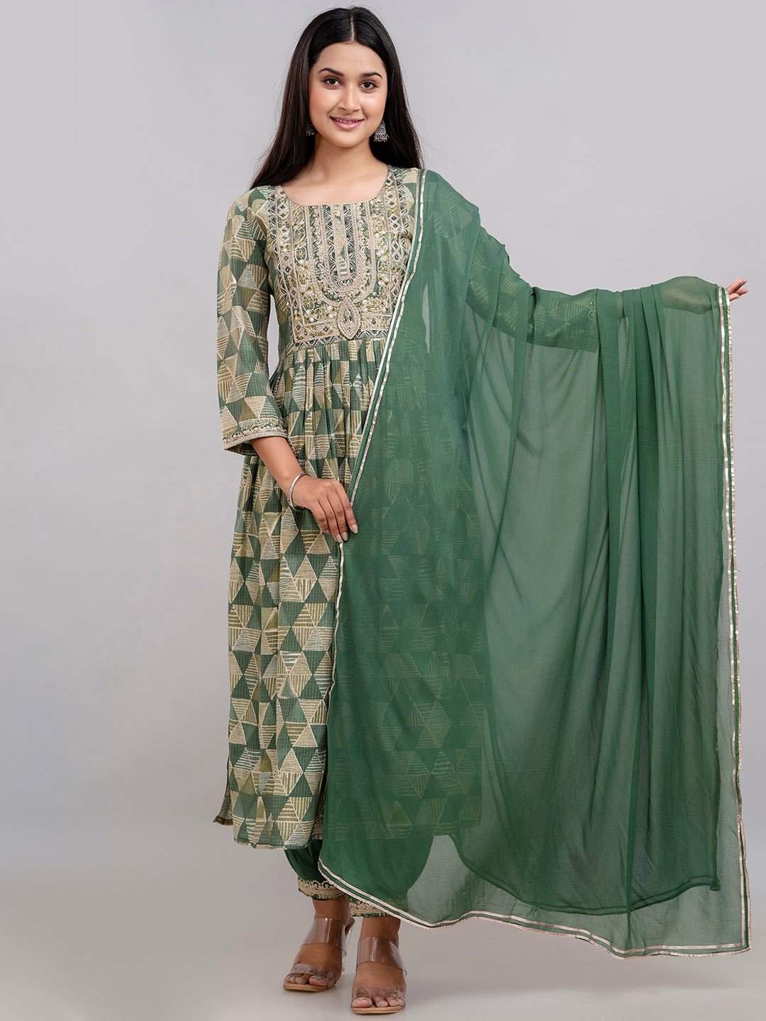 

KALINI Geometric Printed Thread Work A-Line Kurta & Salwar With Dupatta, Green
