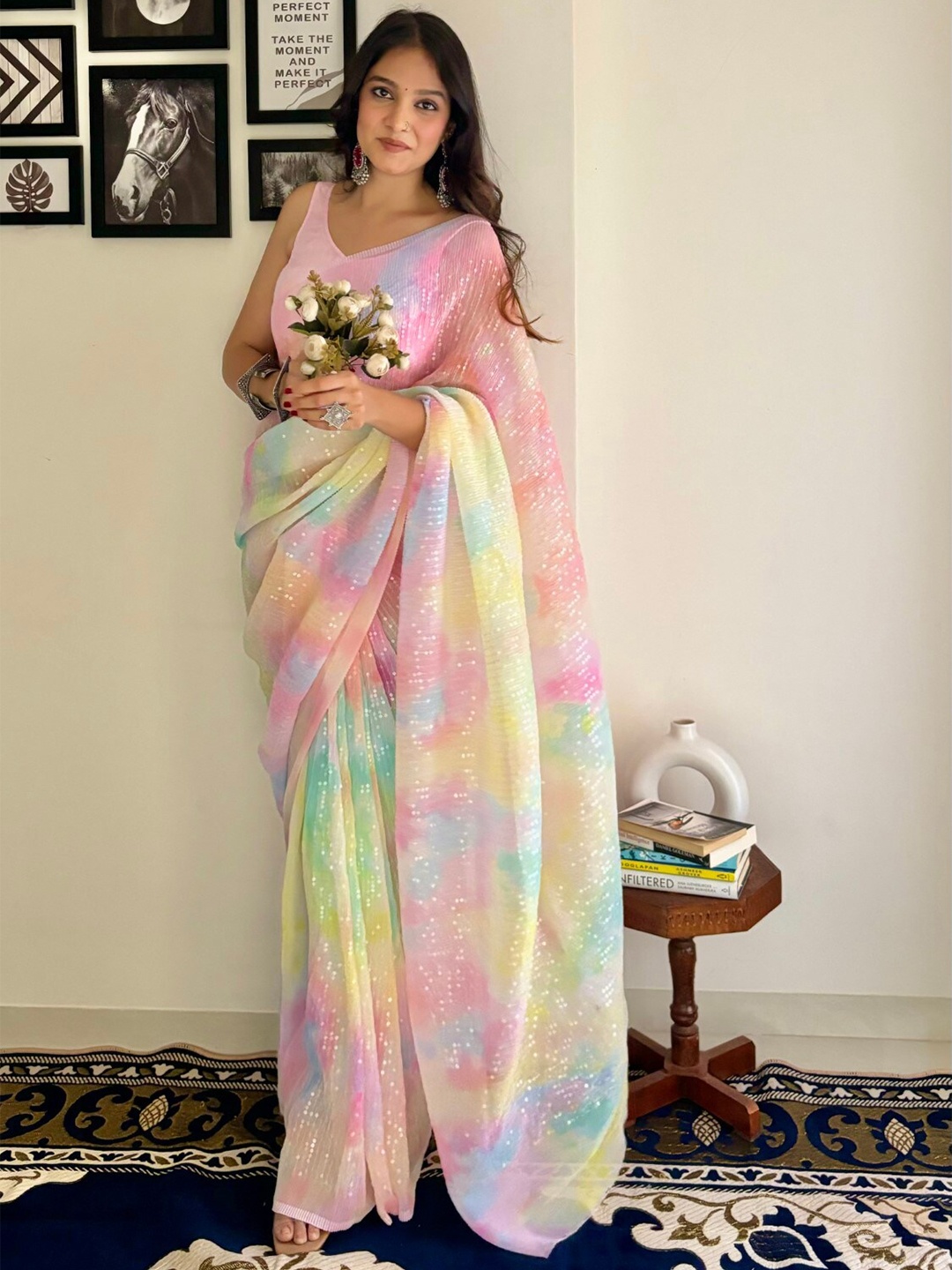 

LeeliPeeri Designer Crushed Sequinned Embellished Saree, Pink