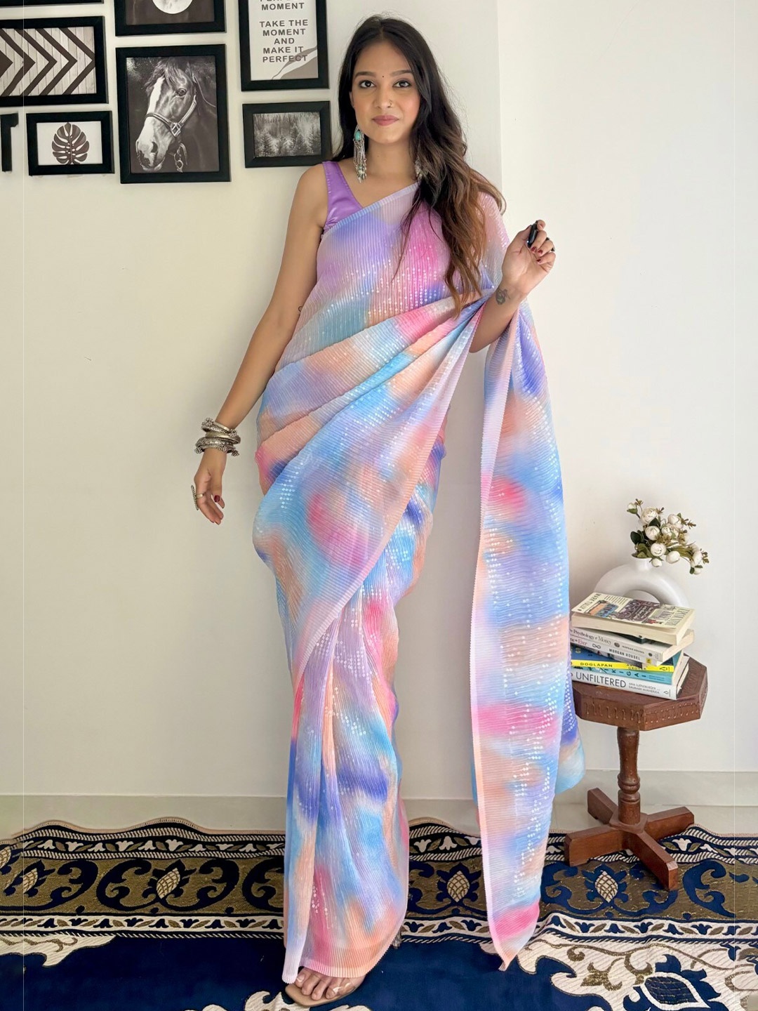 

LeeliPeeri Designer Crushed Sequinned Embellished Saree, Blue