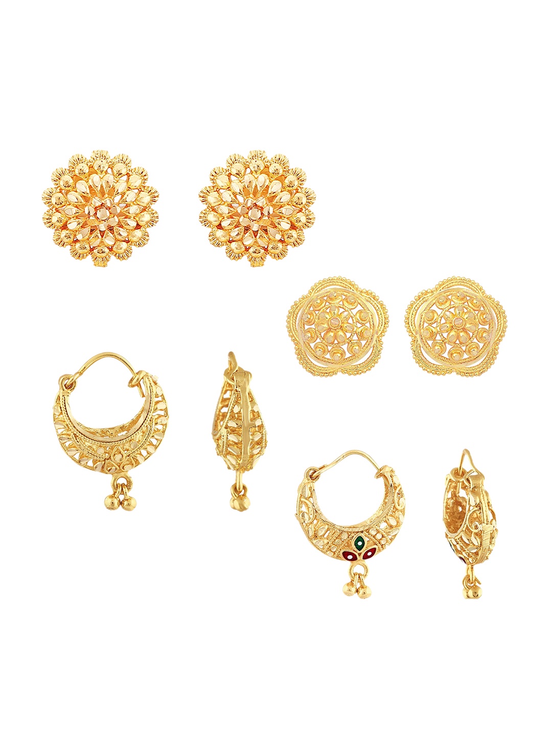 

Vighnaharta Set Of 4 Gold-Plated Floral Hoop Earrings