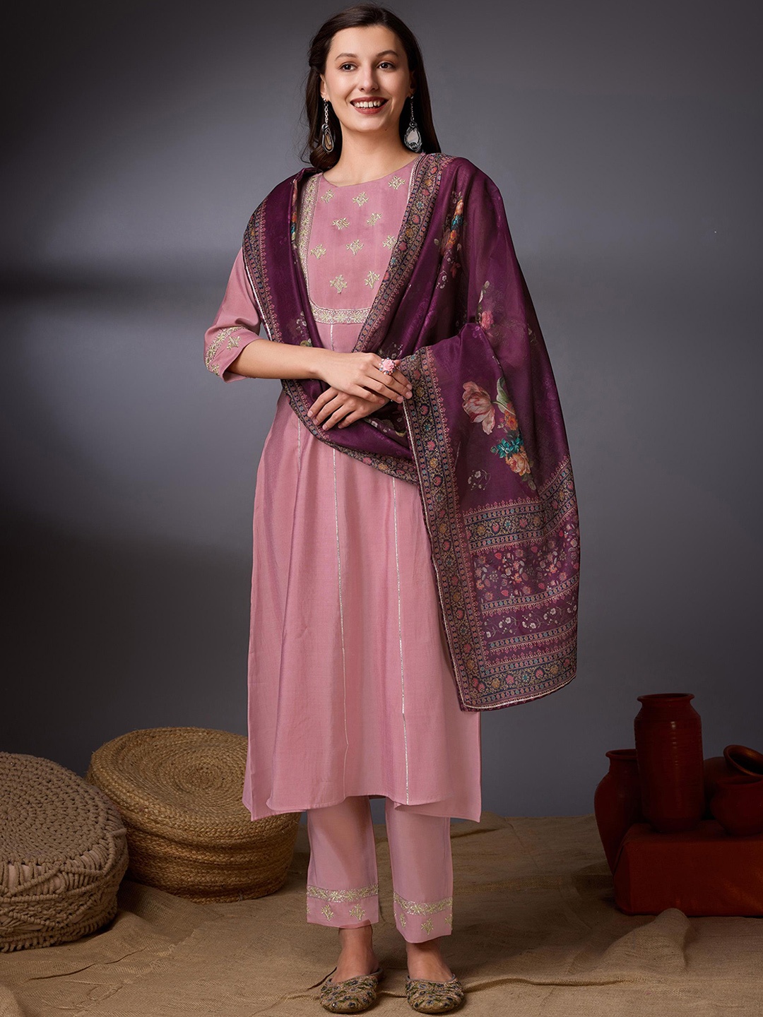 

VASTRA-THE FACTORY STORE Floral Embroidered Cotton Kurta With Trousers & Dupatta, Pink