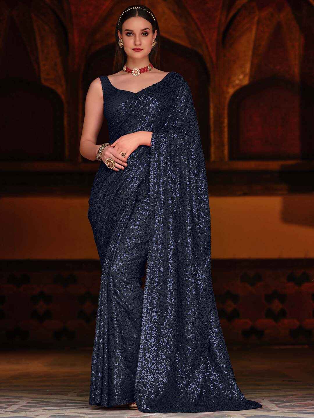 

Zeel Clothing Embellished Sequinned Pure Georgette Saree, Blue
