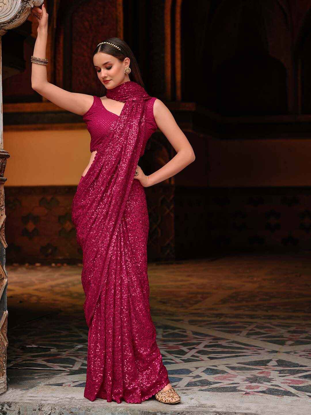 

Zeel Clothing Embellished Sequinned Pure Georgette Saree, Pink