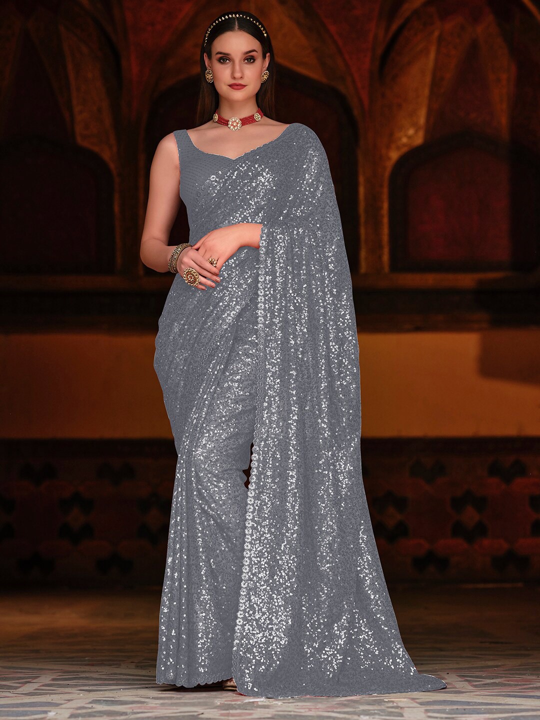 

Zeel Clothing Embellished Sequinned Pure Georgette Designer Saree, Grey