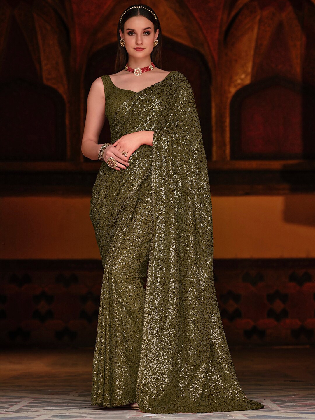 

Zeel Clothing Embellished Sequinned Pure Georgette Saree, Olive