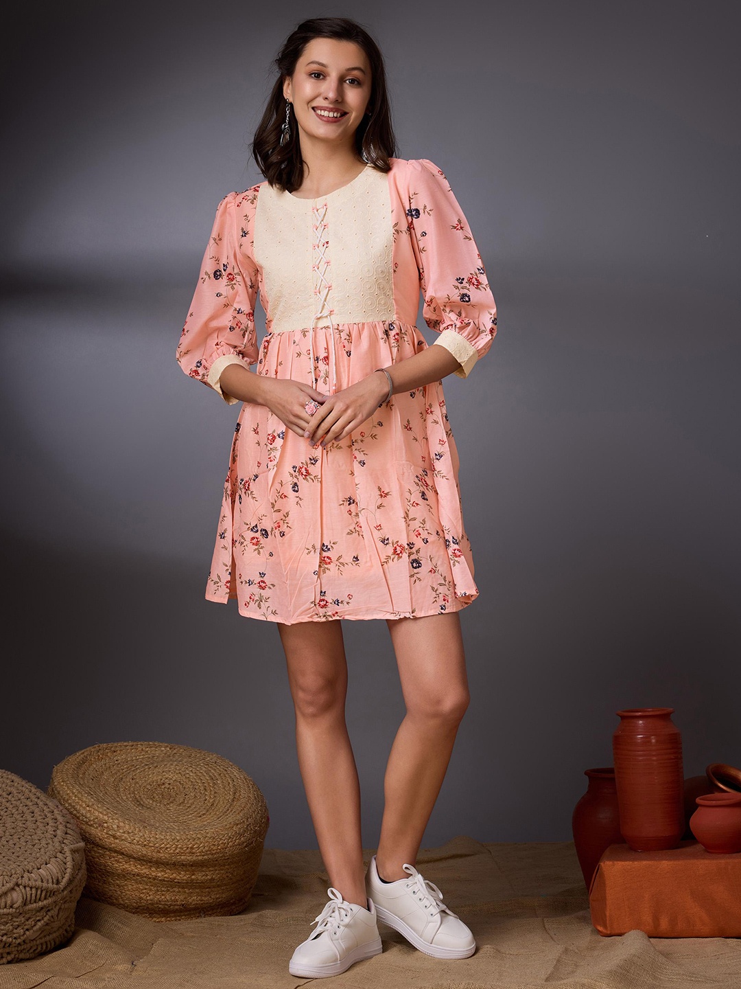 

VASTRA-THE FACTORY STORE Floral Printed Cuffed Sleeves Tie-Ups Fit & Flare Mini Dress, Pink