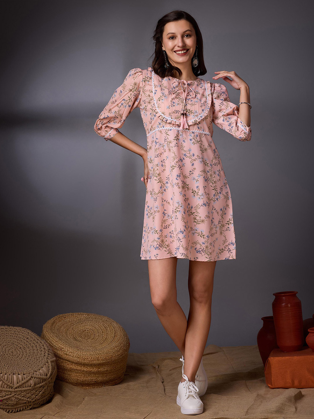 

VASTRA-THE FACTORY STORE Floral Printed Tie-Up Neck Cuffed Sleeves Ruffles Sheath Dress, Pink