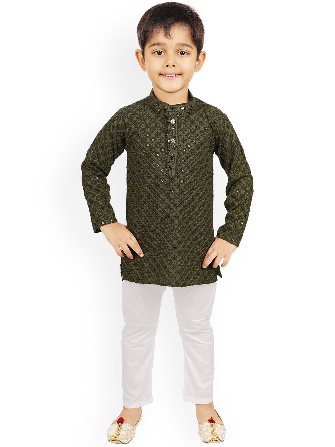 

BAESD Boys Embroidered Mandarin Collar Sequinned Kurta with Pyjamas, Olive