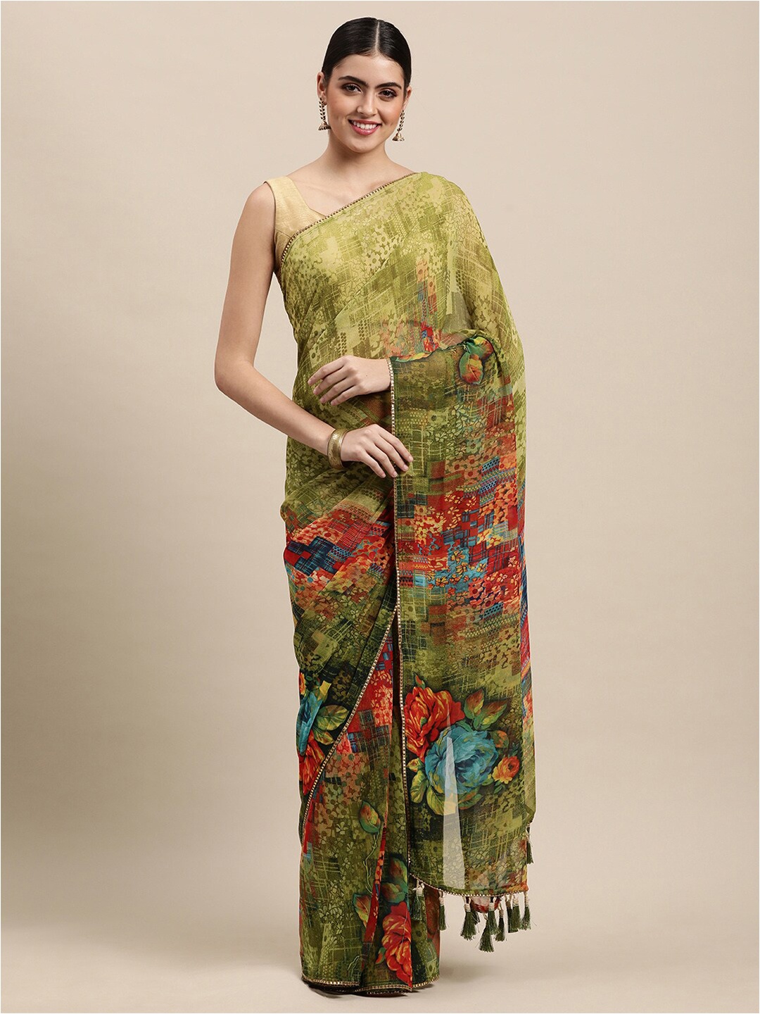 

Rekha Maniyar Floral Sequinned Pure Georgette Saree, Green