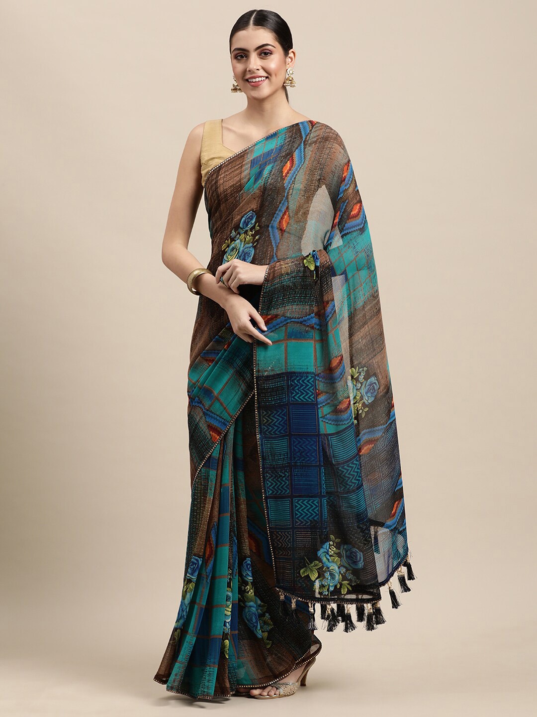

Rekha Maniyar Floral Sequinned Pure Georgette Saree, Navy blue