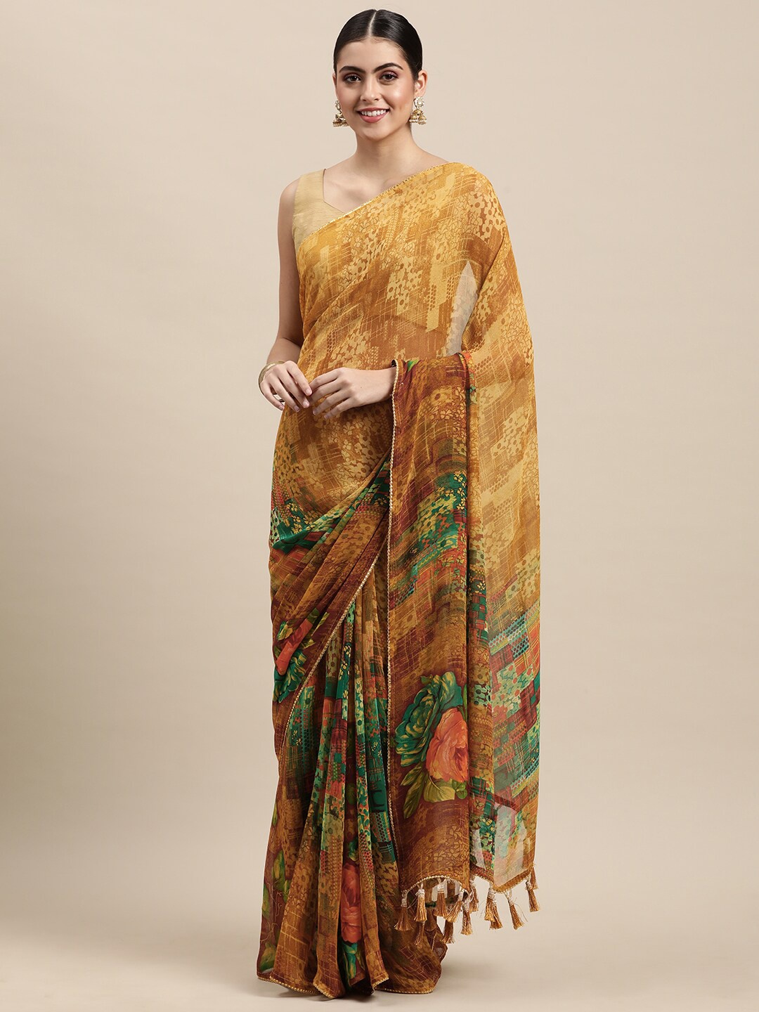 

Rekha Maniyar Floral Printed Pure Georgette Saree, Mustard