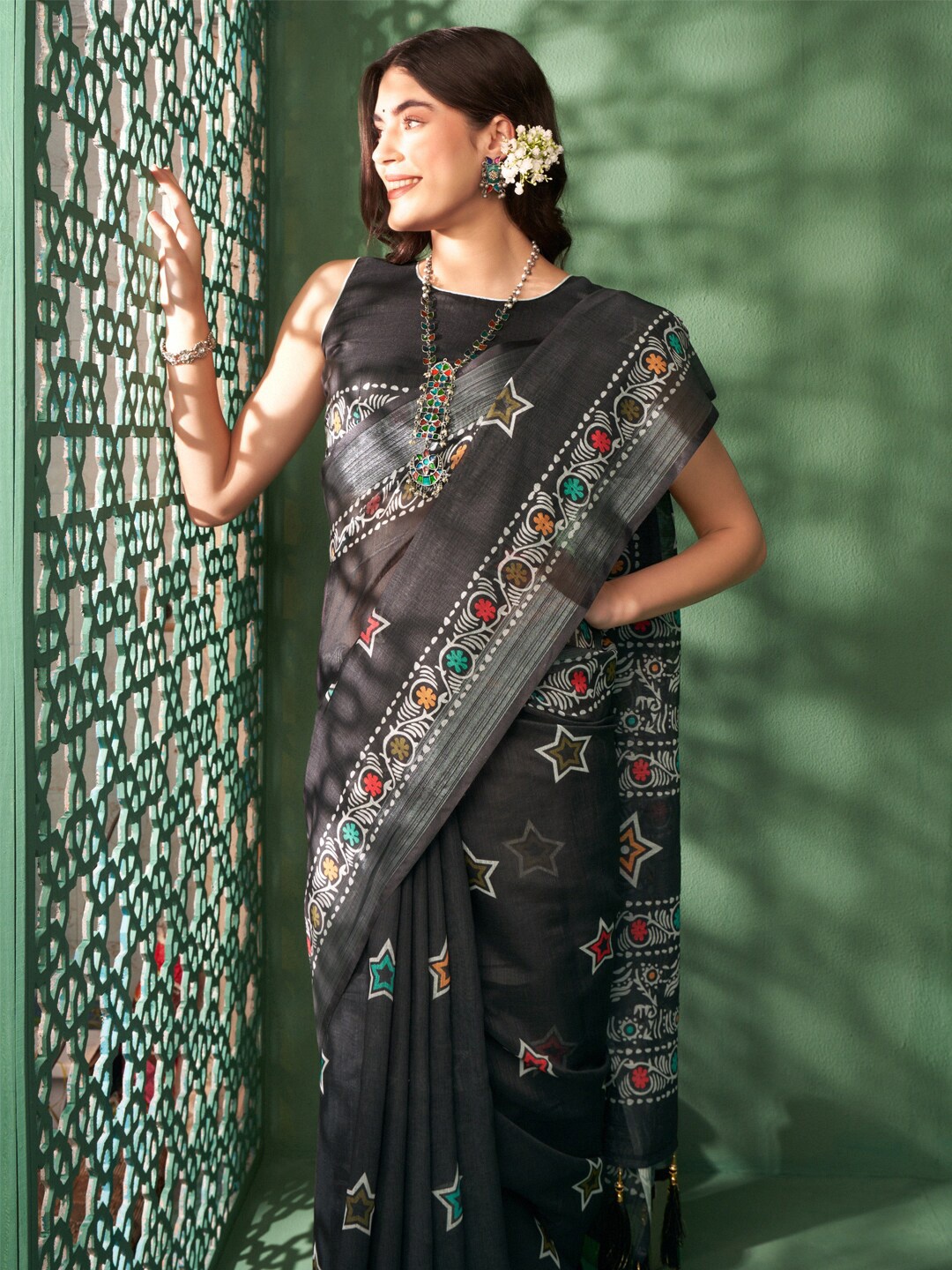 

Sangria Block Printed Zari Jaipuri Cotton Saree, Black