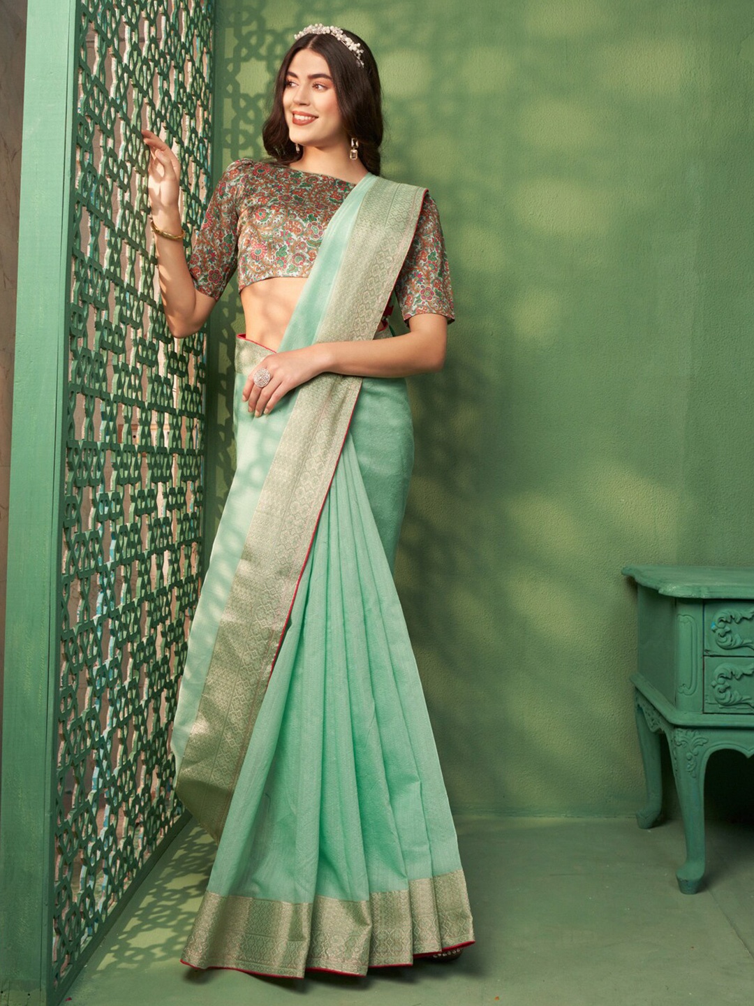 

Sangria Zari Woven Design Border Coimbatore Cotton Zari Saree, Sea green