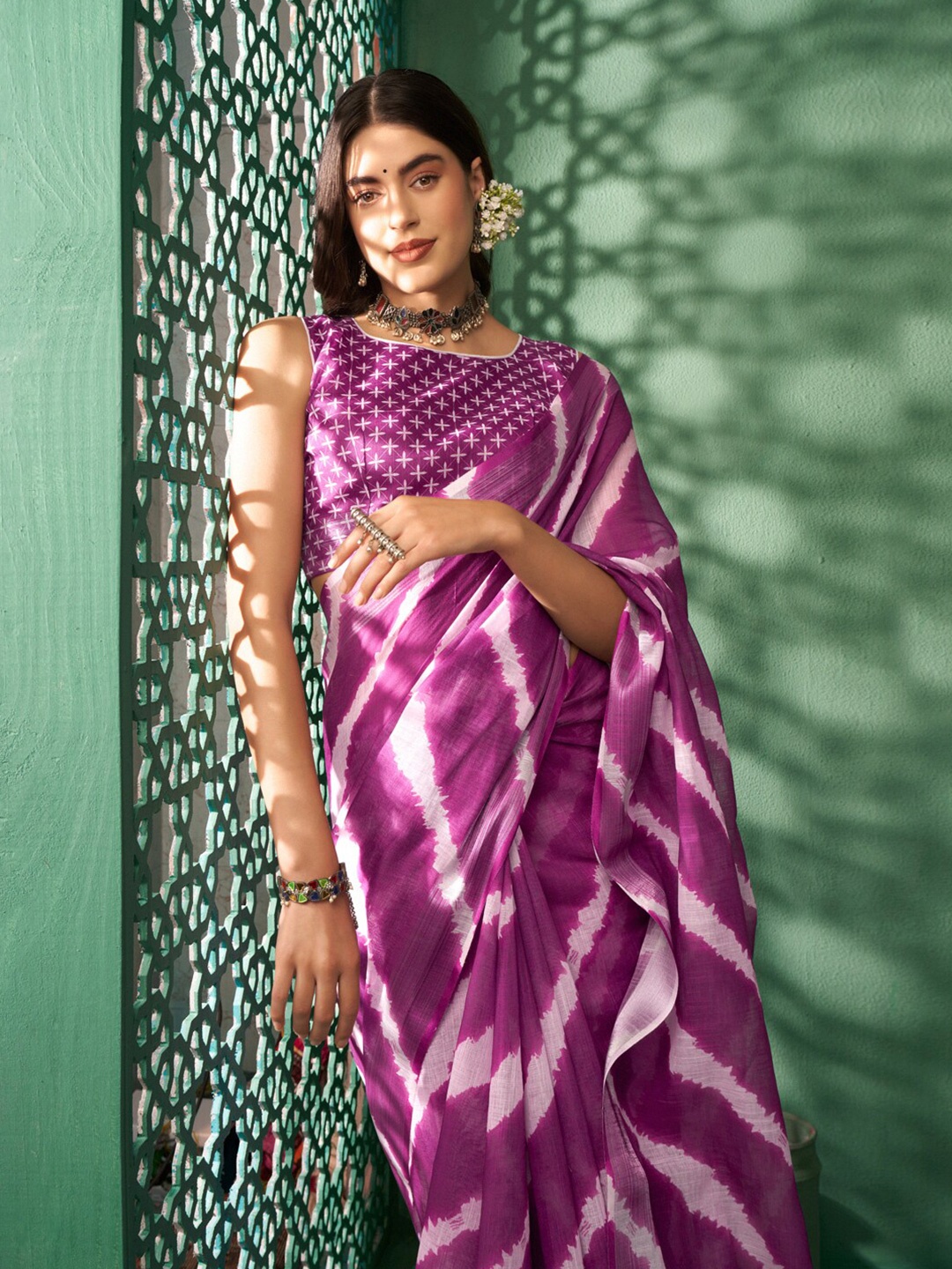 

Sangria Block Printed Zari Jaipuri Cotton Leheriya Saree, Purple