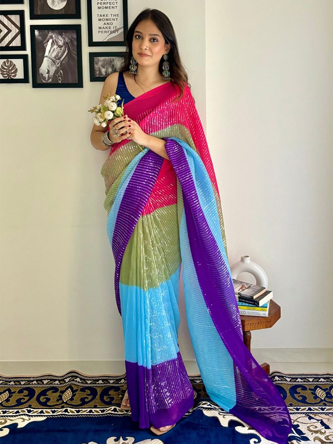 

LeeliPeeri Designer Colourblocked Sequinned Saree, Blue