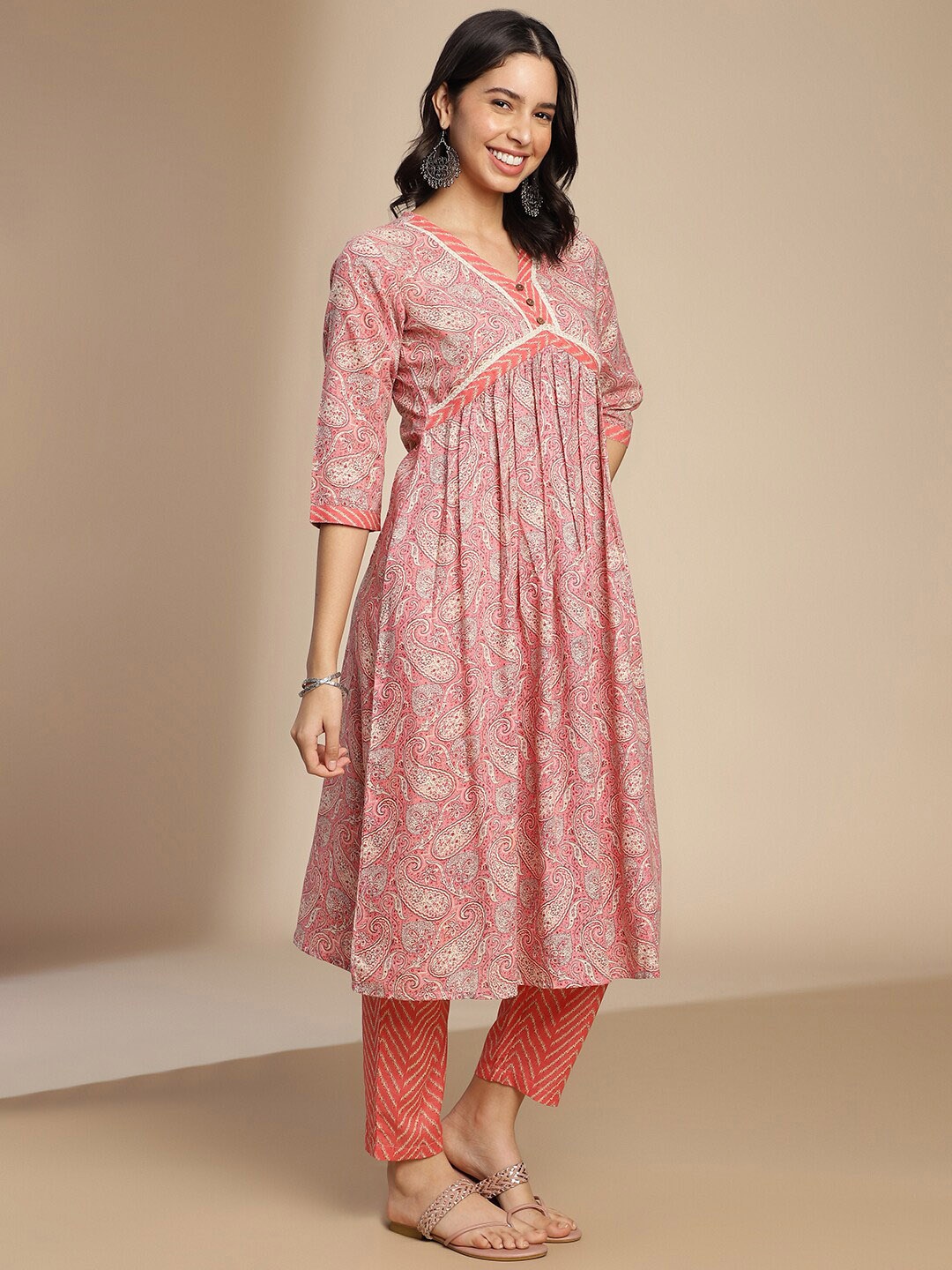 

KALINI Paisley Printed V-Neck Empire A-Line Kurta & Trouser With Dupatta, Pink