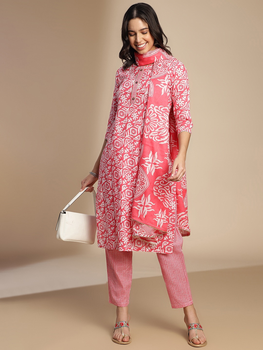 

KALINI Ethnic Motifs Printed Gotta Patti Detailed Straight Kurta & Trouser With Dupatta, Pink