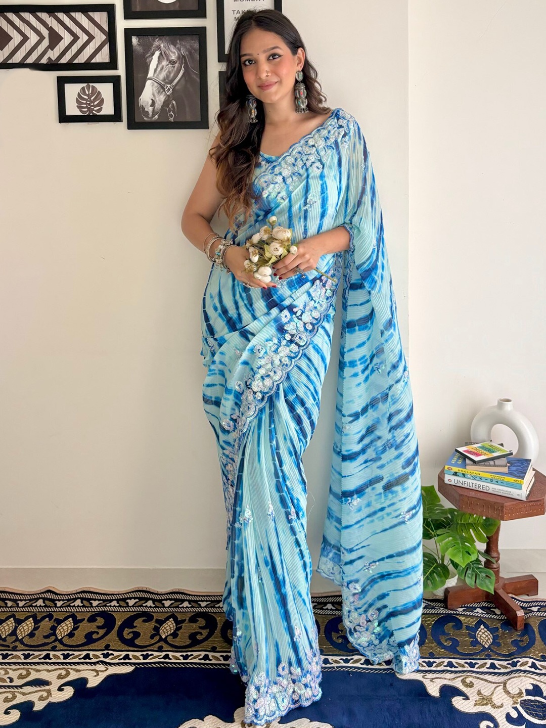 

LeeliPeeri Designer Crushed Tie and Dye Printed Sequinned Saree, Blue